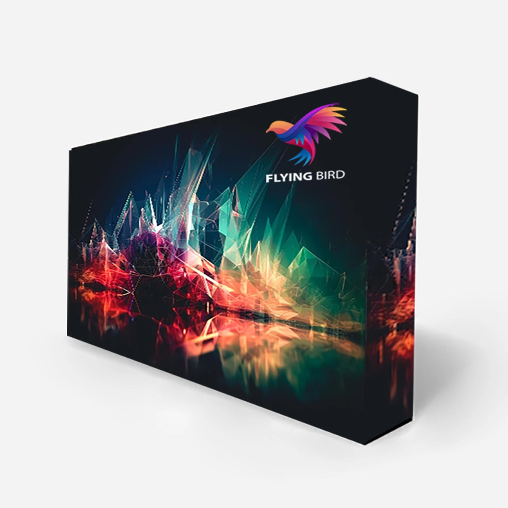 A fabric pop-up display featuring a backlit print with a vibrant design and the logo 'Flying Bird'