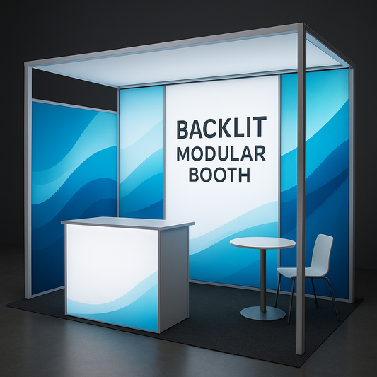 Backlit modular booth with blue and white design, featuring a sign that reads 'Backlit Modular Booth'.