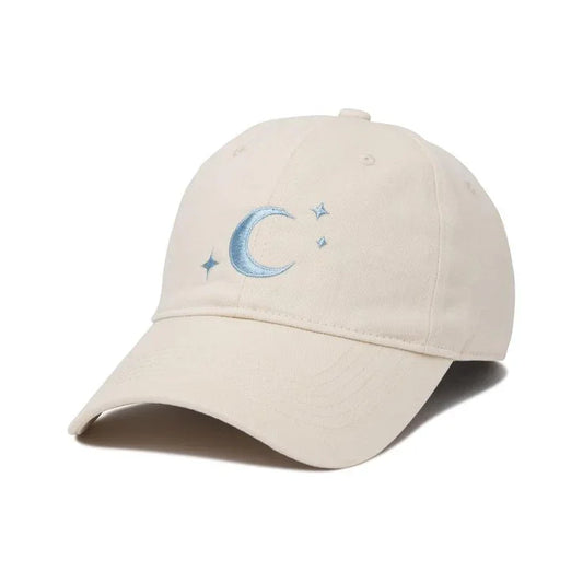 Beige embroidery cap with blue crescent moon and stars, custom hat UAE