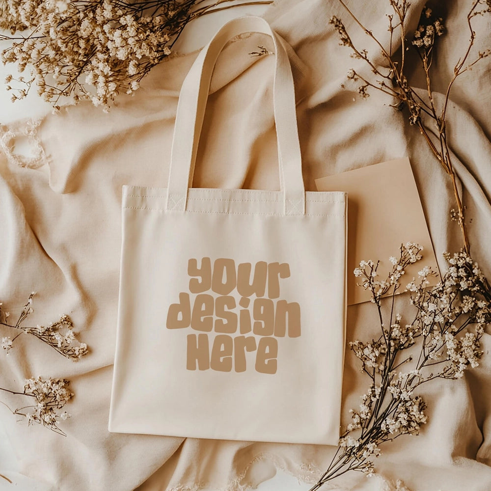 Blank cream canvas tote bag mockup with “your design here” text on the front, laid flat on beige fabric surrounded by dried flowers for a warm, minimal aesthetic.