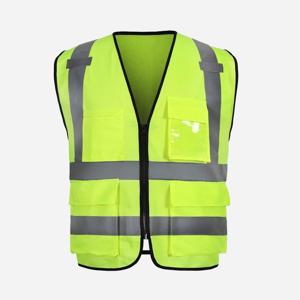 Bright yellow high-visibility safety vest featuring reflective strips, zip fastening, and several front pockets, isolated on a white background.