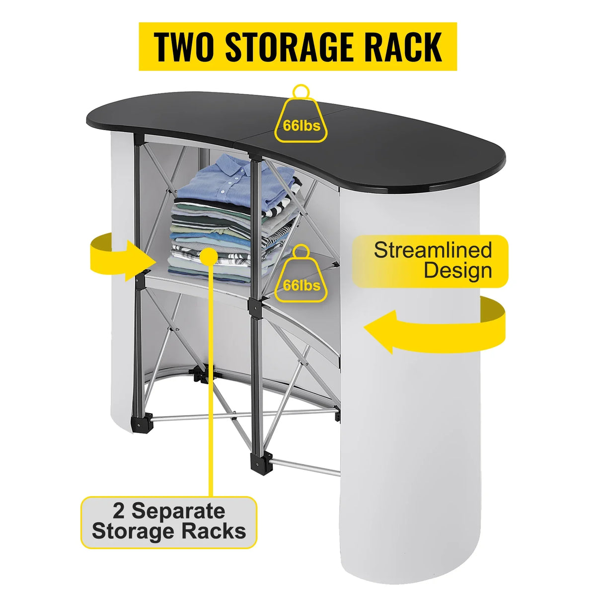 Trade show counter with black top, two storage racks, and streamlined white design.