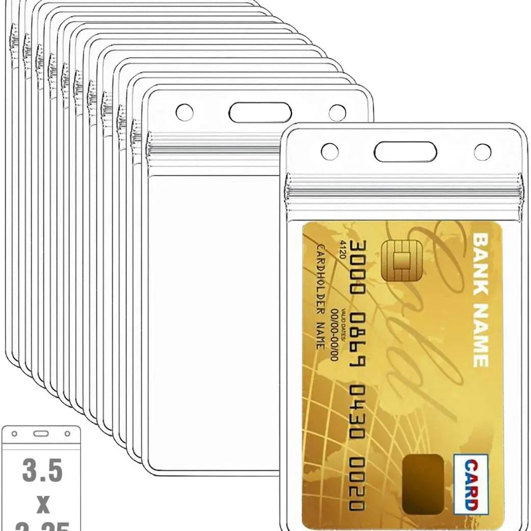 A stack of clear plastic card holders with one holder displaying a gold-colored ID card.