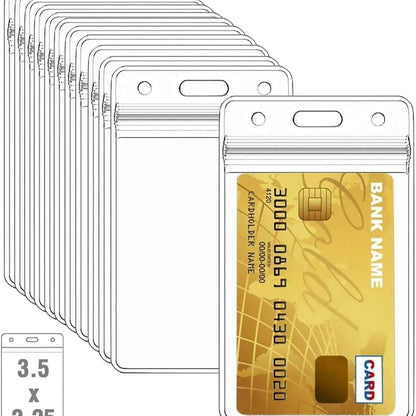 A stack of clear plastic card holders with one holder displaying a gold-colored ID card.