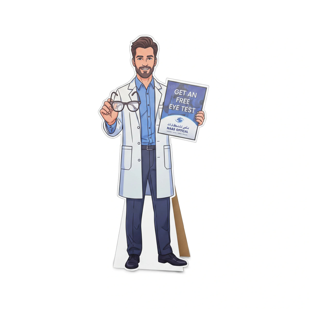 Cardboard standee of a doctor holding eyeglasses and a sign for eye tests on a white background
