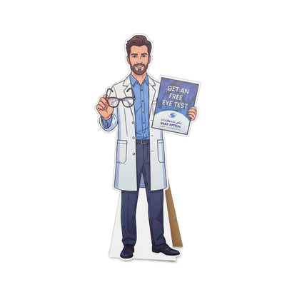 Cardboard standee of a doctor holding eyeglasses and a sign for eye tests on a white background