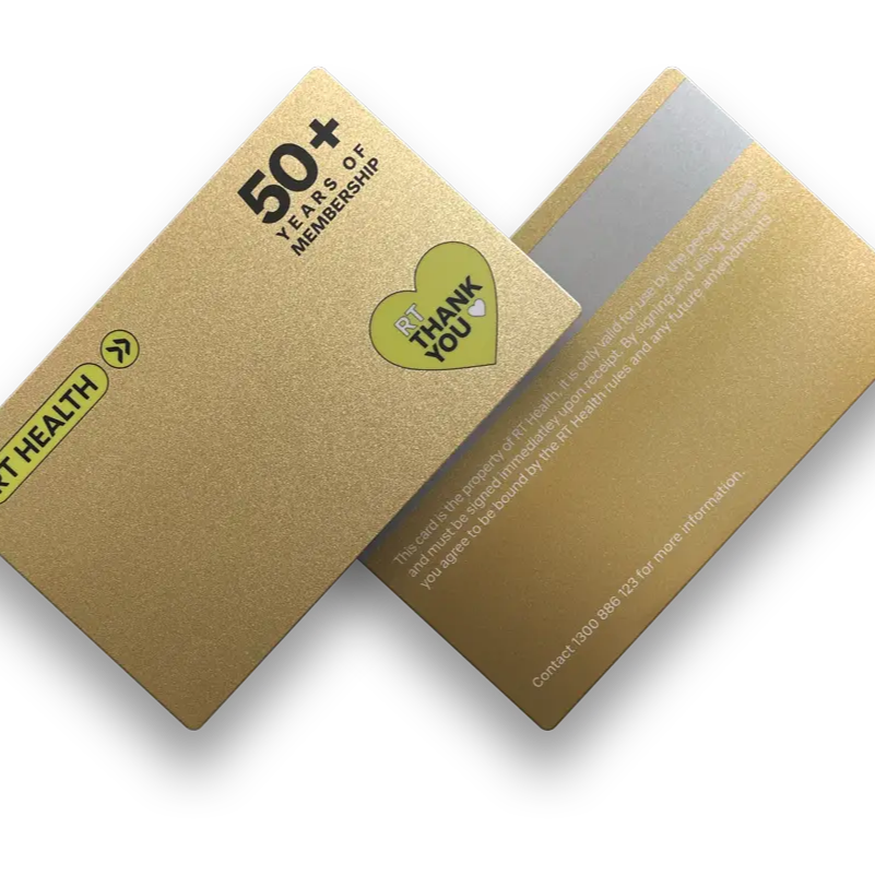 Front and back view of a gold membership card showing “50+ Years of Membership,” a green heart icon with “RT Thank You,” and a silver magnetic stripe, set against a transparent background.