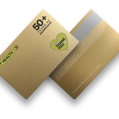 Front and back view of a gold membership card showing “50+ Years of Membership,” a green heart icon with “RT Thank You,” and a silver magnetic stripe, set against a transparent background.