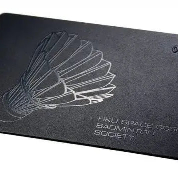 A black textured membership card with a minimalist line illustration of a badminton shuttlecock and silver text reading “HKU SPACE BCS Badminton Society.