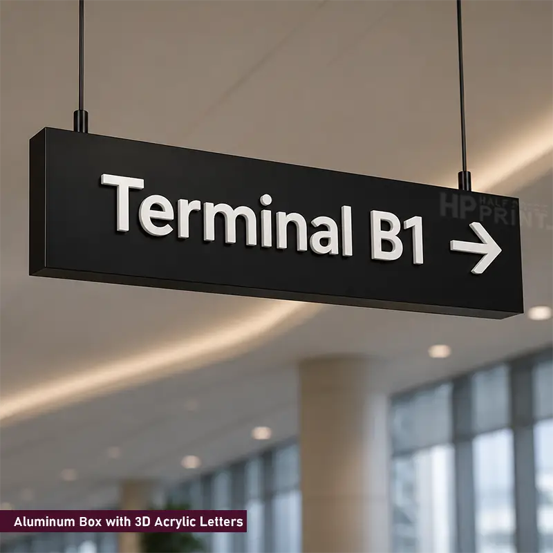 A rectangular black hanging directional sign with raised white text reading 'Terminal B1' and a white right-pointing arrow, suspended in an airport or terminal interior.