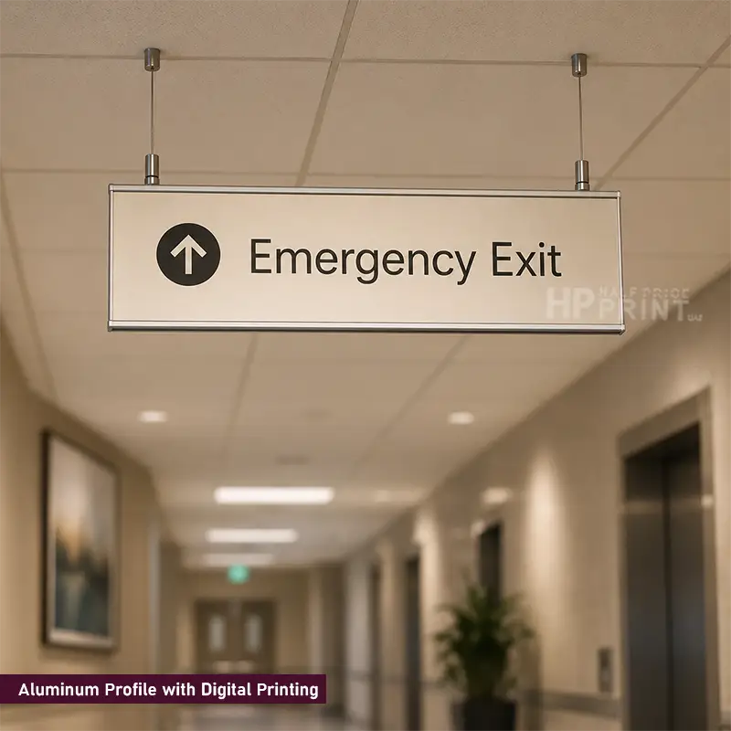 A rectangular emergency exit hanging sign with an upward arrow and the words 'Emergency Exit' in black, suspended from a ceiling in a blurred hallway. Text at the bottom reads 'Aluminum Profile with Digital Printing.