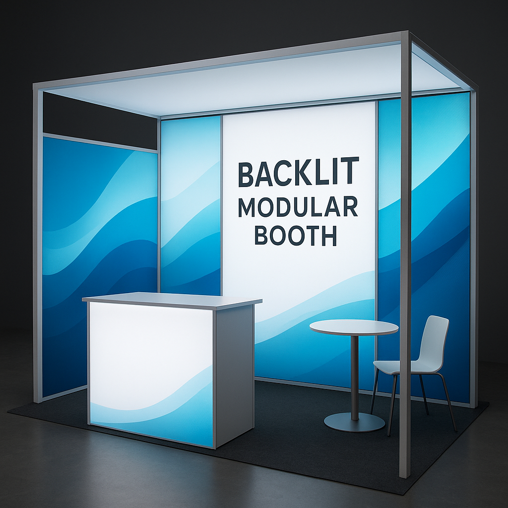 Backlit modular booth with blue and white design, featuring a sign that reads 'Backlit Modular Booth'.