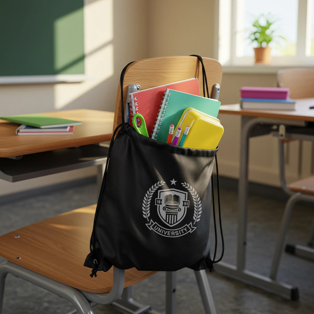 Black drawstring bag with a university logo filled with school supplies 