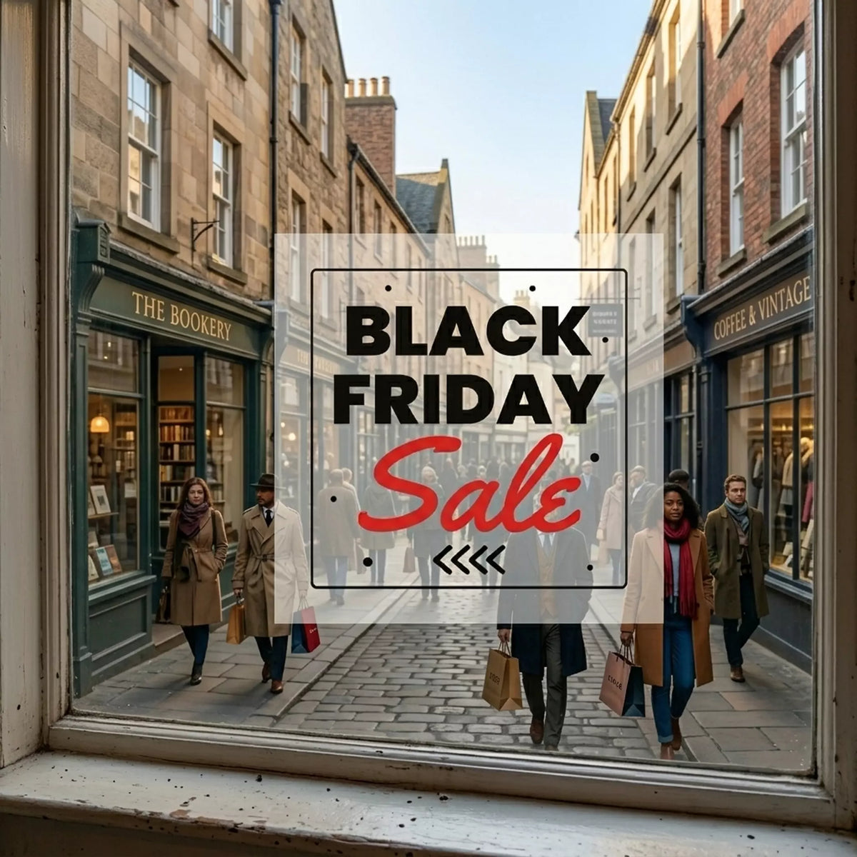 Street scene with people walking past shops, overlaid with 'Black Friday Sale' text.