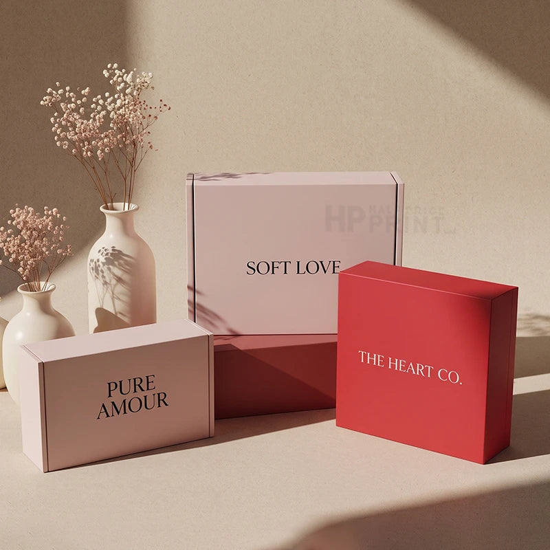 Three branded gift boxes arranged on a warm beige surface with dried flowers in white vases. The boxes are light blush pink, coral red, and dark red, with printed text reading 'SOFT LOVE,' 'PURE AMOUR,' and 'THE HEART CO.