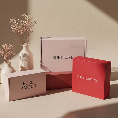 Three branded gift boxes arranged on a warm beige surface with dried flowers in white vases. The boxes are light blush pink, coral red, and dark red, with printed text reading 'SOFT LOVE,' 'PURE AMOUR,' and 'THE HEART CO.