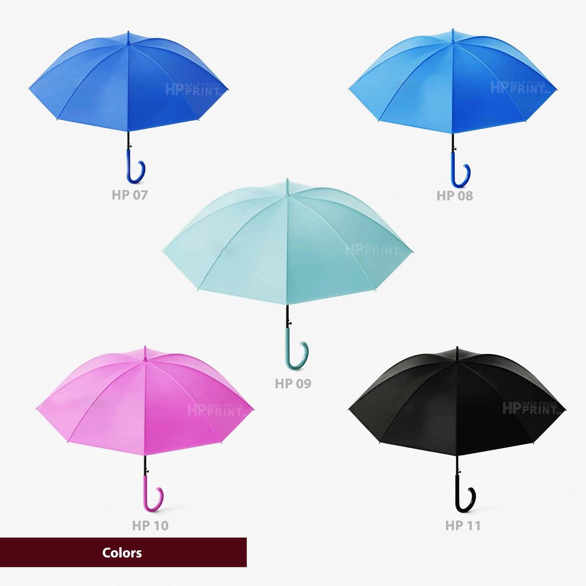 Collection of umbrellas in different colors with visible brand name on a white background