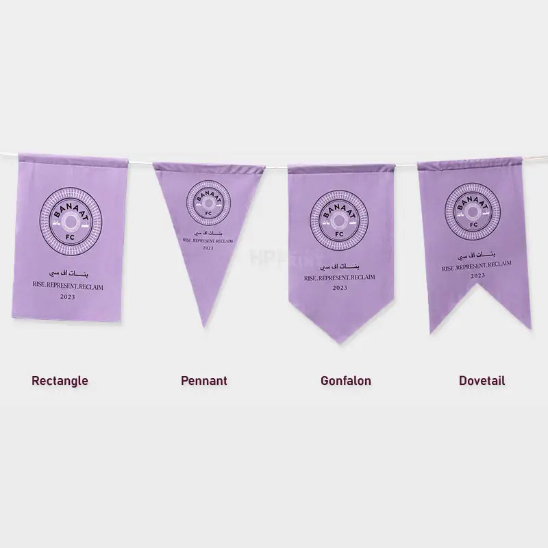 Four light purple sports pennant banners strung together on a white cord, each printed with a circular emblem and text for BKN R.A.