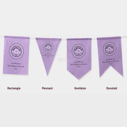 Four light purple sports pennant banners strung together on a white cord, each printed with a circular emblem and text for BKN R.A.