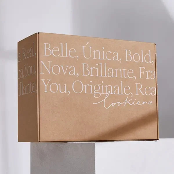 Custom printed brown corrugated mailer box with white text, ideal for packaging and shipping.