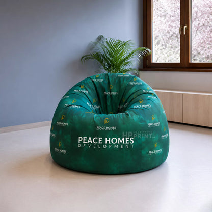 Green bean bag chair with 'Peace Homes Development' branding in a room with a window and plant.