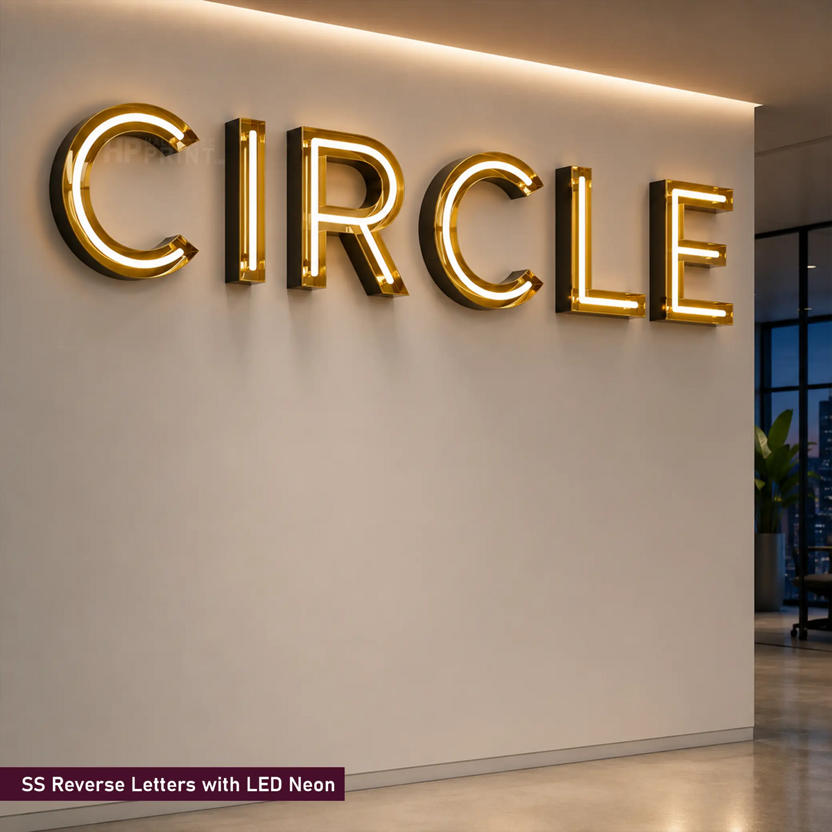 Large illuminated LED neon sign spelling 'CIRCLE' in gold-toned letters mounted on a beige wall in a modern interior space.
