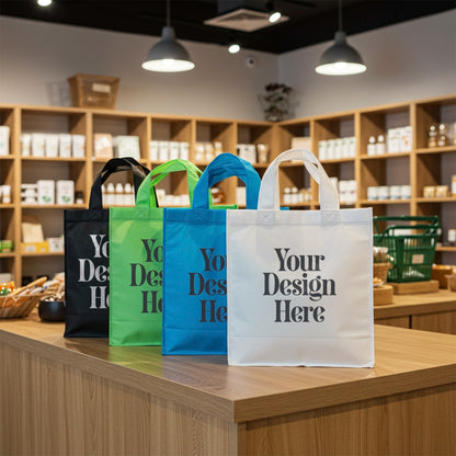 Four customizable tote bags on a wooden counter with shelves in the background.