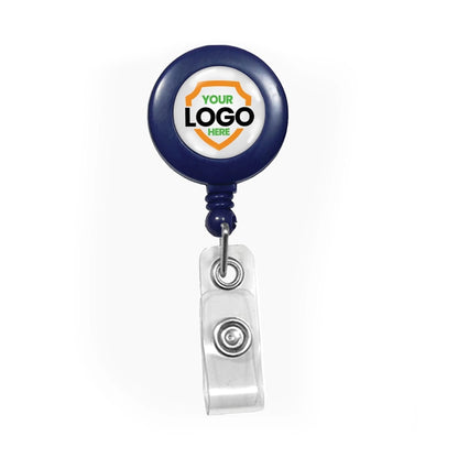 Navy blue badge holder with customizable logo area on a white background