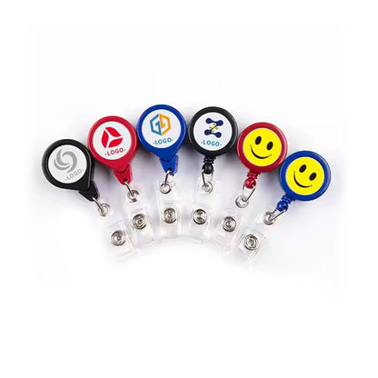 Set of colorful badge holders with different designs on a white background