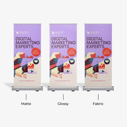 Three roll-up banners with different finishes: Matte, Glossy, and Fabric, displaying digital marketing experts branding.