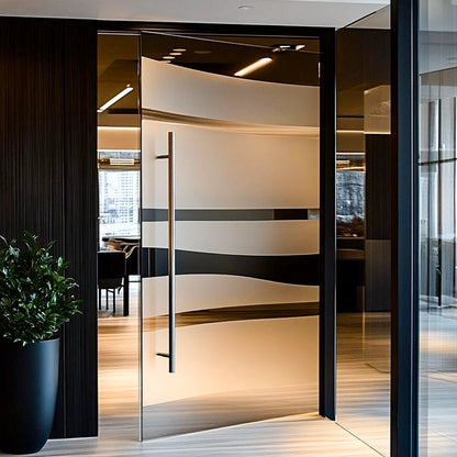 Modern frosted glass door with black frame in a stylish interior setting