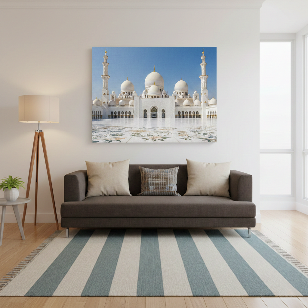 Living room with a brown sofa, striped rug, and a large canvas artwork on wall.