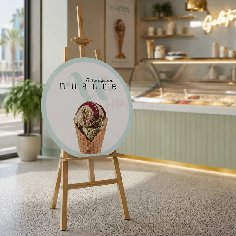 A round printed sign featuring an ice cream cone illustration and the text 'nuance' is displayed on a small wooden easel inside a bright, modern ice cream shop.