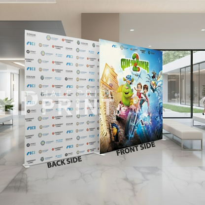 Promotional display with 'Shrek' movie poster on one side and branded backdrop on the other in a modern indoor setting.