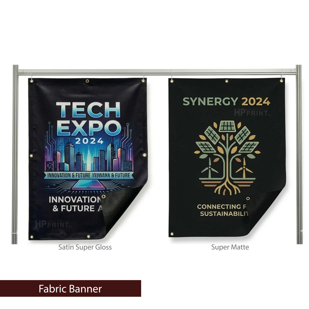 Two fabric banners with 'Tech Expo 2024' and 'Synergy 2024' designs on a white background.