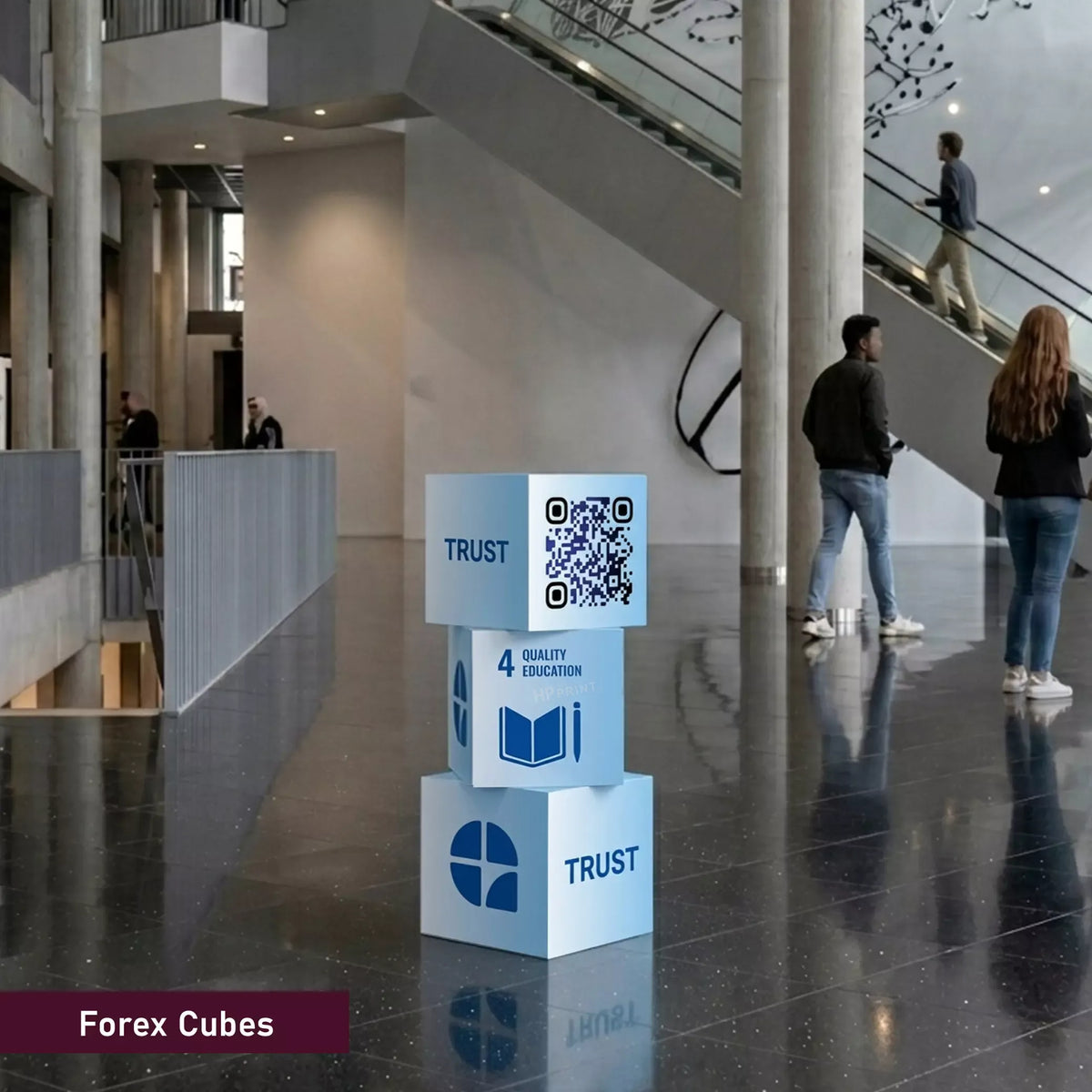 Blue Forex Cubes with 'Trust' and QR code in a modern indoor setting