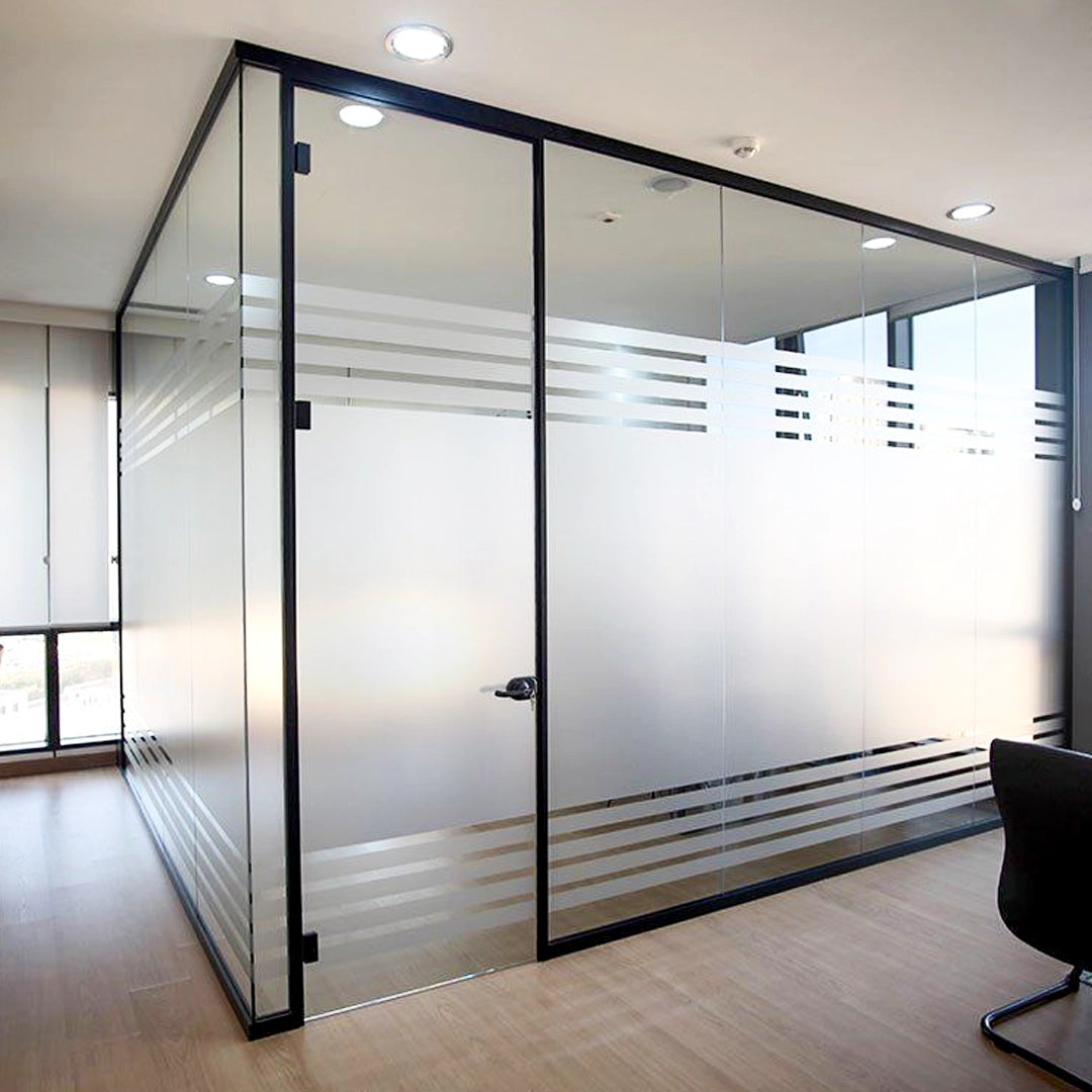 Modern office space with frosted glass partition walls