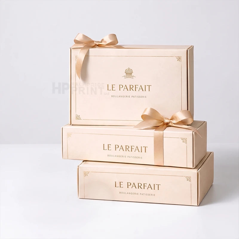Three stacked rectangular Le Parfait pastry gift mailer boxes in a warm cream-beige color, each tied with a matching satin ribbon bow, on a clean white studio background.