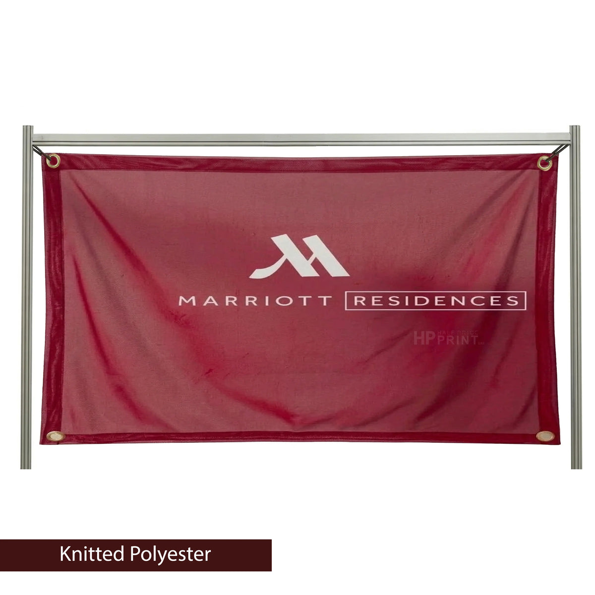 Red Marriott Residences banner on a stand with 'Knitted Polyester' text below.