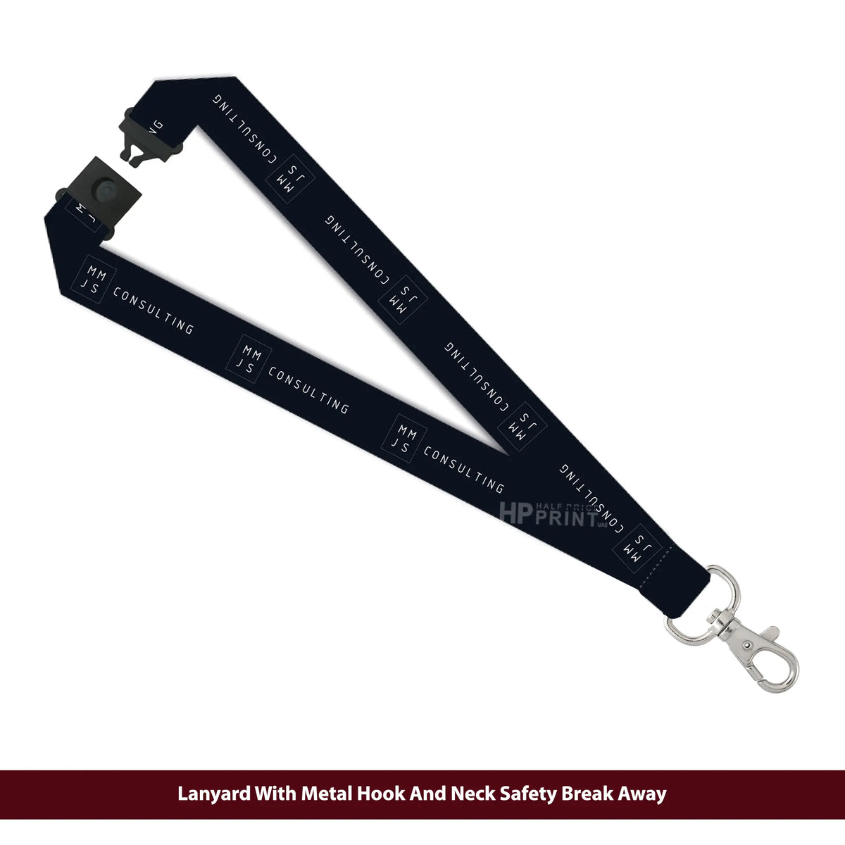 Black lanyard with metal hook and neck safety breakaway on a white background