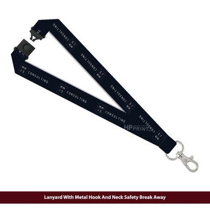 Black lanyard with metal hook and neck safety breakaway on a white background