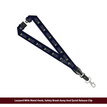 Lanyard with metal hook, safety breakaway, and quick release clip on a white background