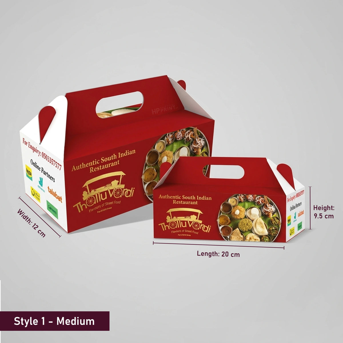 Red food packaging gable box with Tholu Vordi branding and dimensions on a gray background