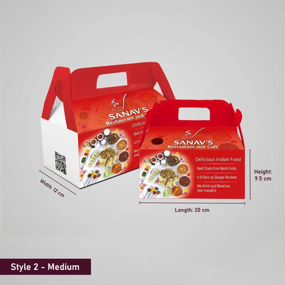Red and white food packaging gable box with 'Sanav's' branding and dimensions on a gray background