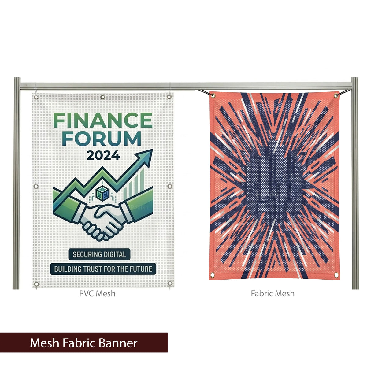Two mesh fabric banners, one with 'Finance Forum 2024' text and the other with a colorful design, on a white background.