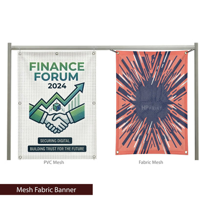 Two mesh fabric banners, one with 'Finance Forum 2024' text and the other with a colorful design, on a white background.