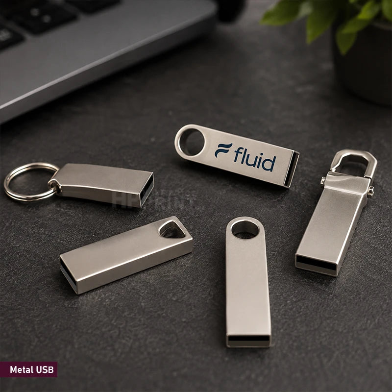 Four silver metal USB flash drives with keychain rings and a cap, arranged on a dark textured surface with a laptop and plant in the background. One drive is printed with the brand name 'fluid'.