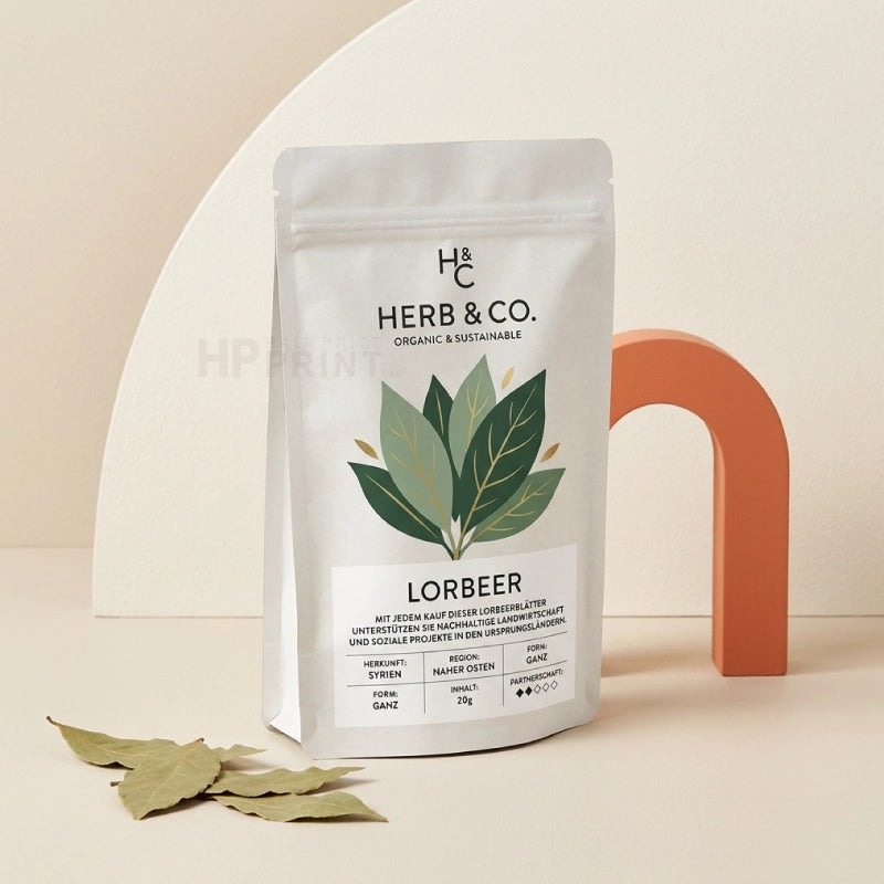 A mylar food storage bag of Herb & Co. Lorbeer herbal tea, featuring a white package with a green leaf illustration, styled on a beige surface with decorative props including a white arch, an orange U-shaped block, and a few loose dried leaves.