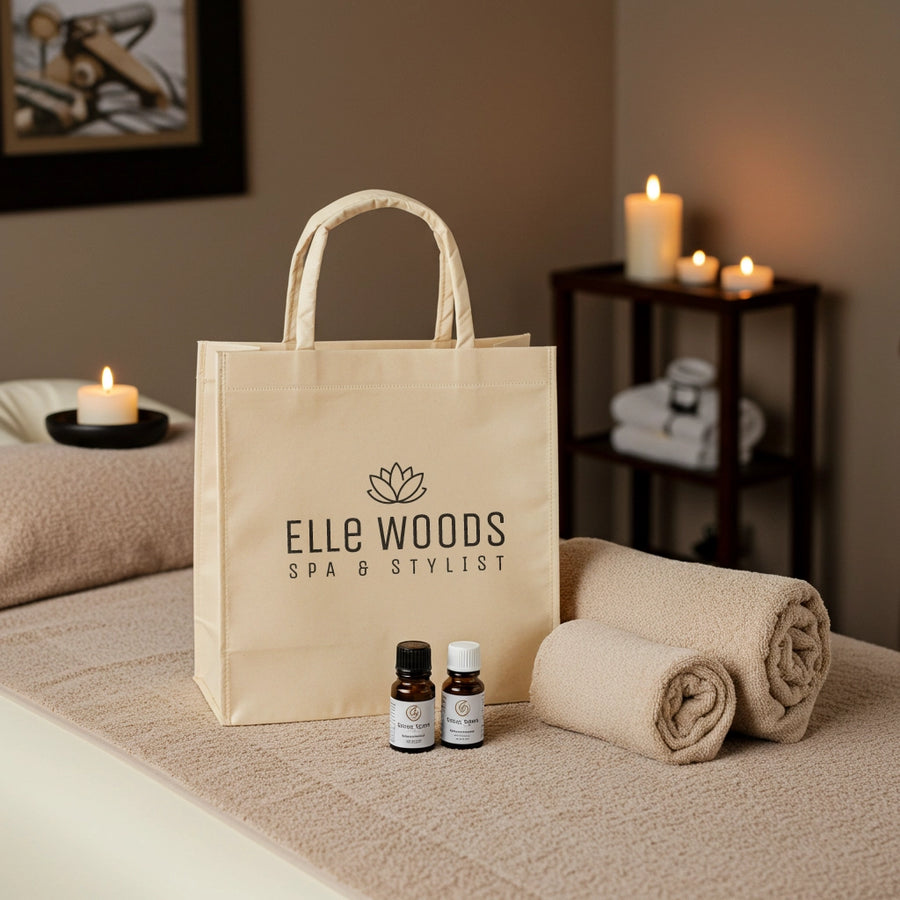 Beige tote bag with 'Elle Woods Spa & Stylist' branding, rolled towels, and essential oils on a spa table.
