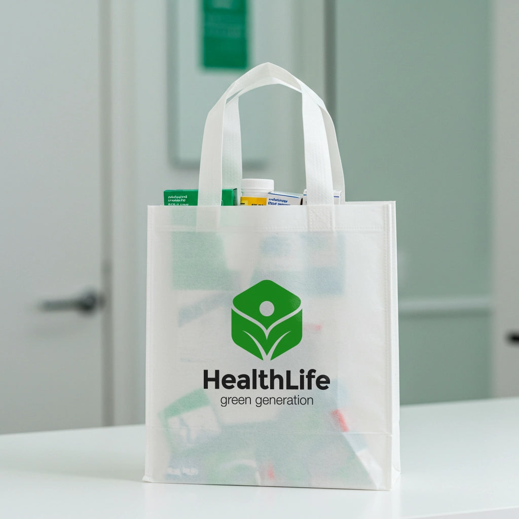 White tote bag with HealthLife logo on a white surface